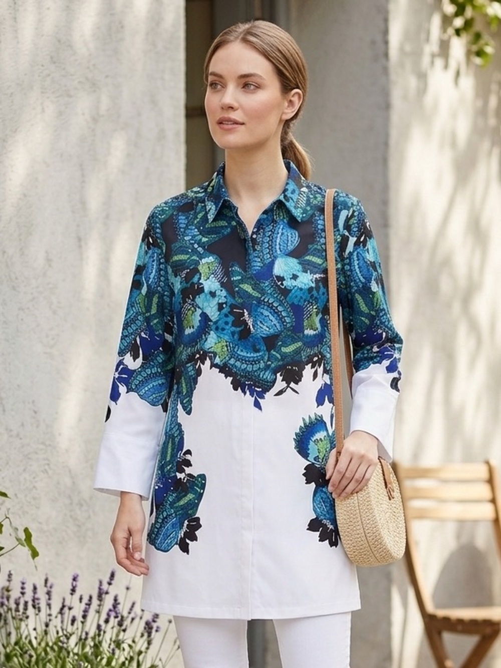 Chico's White Tunic with Blue & Teal butterfly wings flowy modest summer